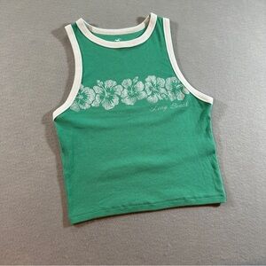 Hollister Long‎ Beach Green Ribbed Cropped Tank Top Juniors Medium Floral